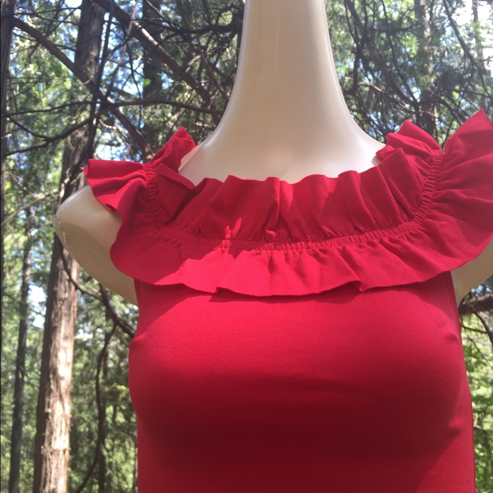 Bebe ruffle neck slim fit saffron red knit off the shoulder dress - Picture 4 of 8